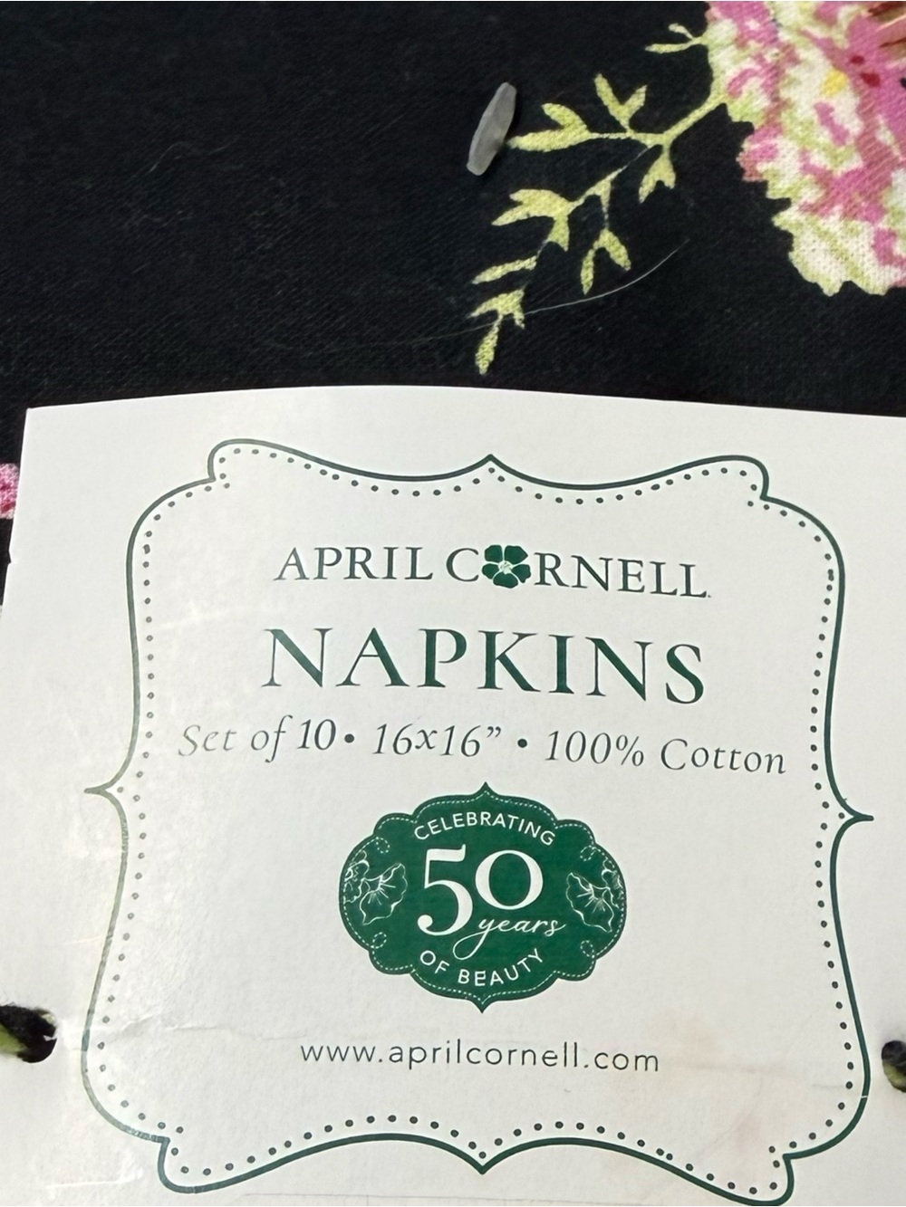 April Cornell Eternal Rose Floral Cotton Napkins Set of 10 Black Pink Cottage - Picture 5 of 5